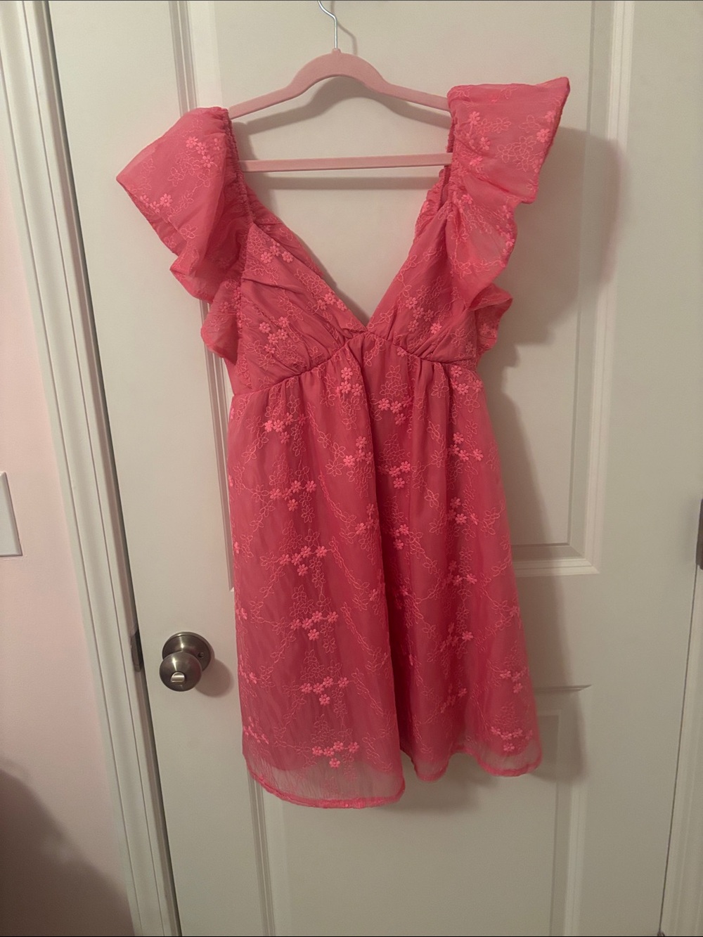 Juniors Pink Floral Lace Ruffle Dress